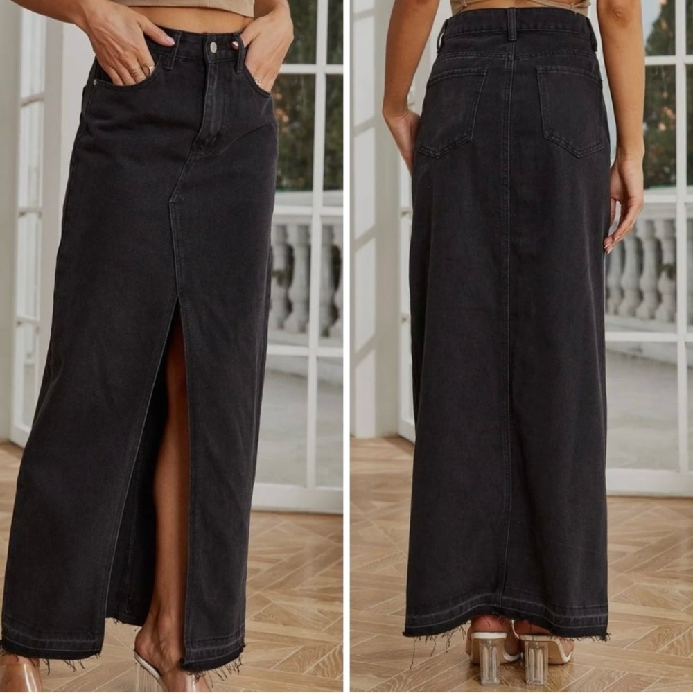 Black Denim Maxi Skirt with Front Slit